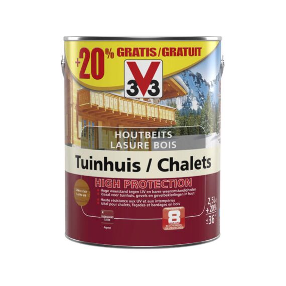 V33 Houtbeits Tuinhuis-High Protection Satn Lichte Eik  2,5L 20% Gratis