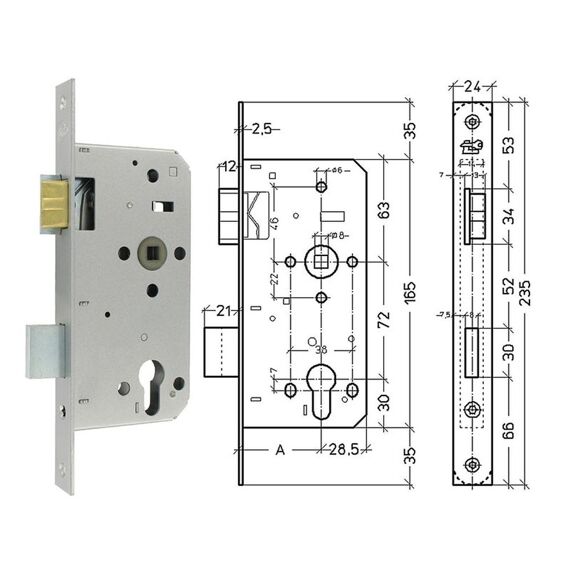 Insteek-Cilinderslot, Keerbaar 72X55 Mm