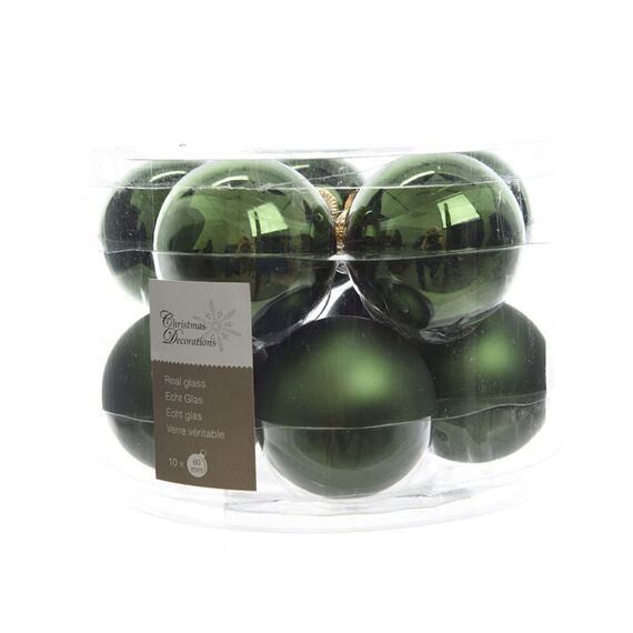 K Glass Mach.Baubles Shiny-Matt Pine Green Dia6Cm