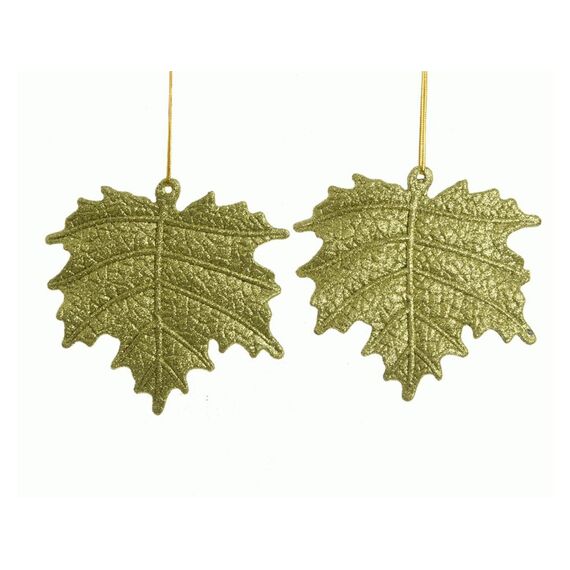 Plc Leaf W Glitter W Hanger Olive Green 0.3X10X10.5Cm