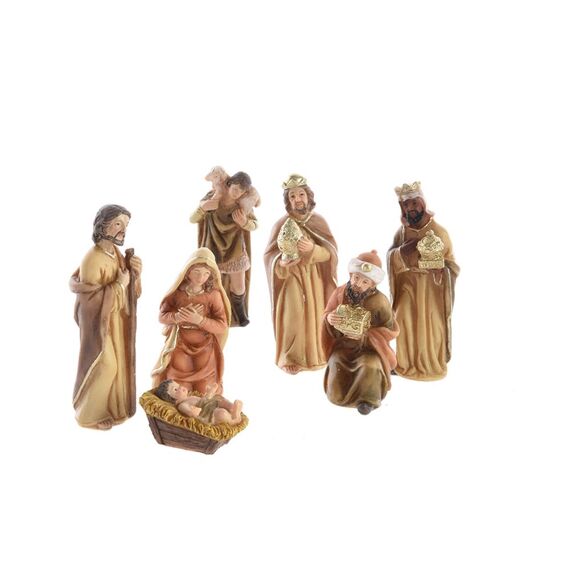 Poly Nativity Set With 7 Fig Natural/Gold 11.5Cm