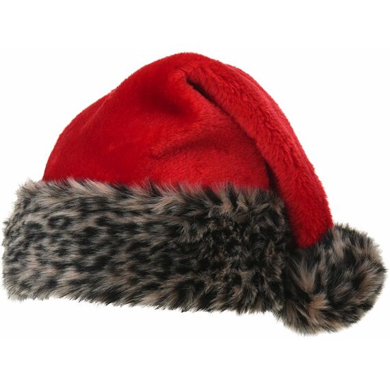 Kerstmuts Pluche Deluxe Met Pompon, 43Cm, Rood Met Dierprint