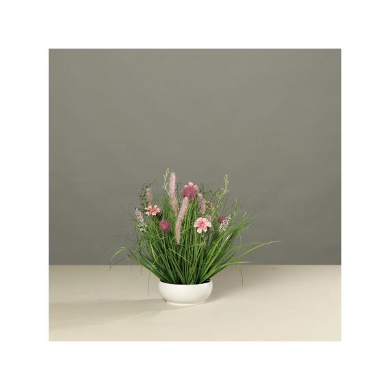 Gras Met Bloemen In Schaal 40Cm Wit