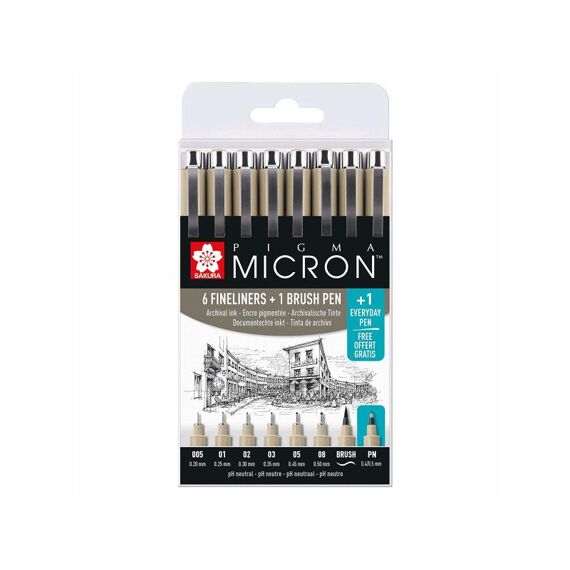 Sakura Pigma Micron Set 6 Zwarte Fineliners 1 Brushpen 1 Pigmentpen