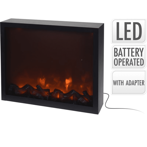 Openhaard Led, 41X10X35Cm, Zwart, Metaal Met Glazen Raam