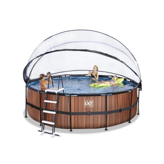 Exit Zwembad Rond Frame Pool D450X122Cm 12V Zandfilter Timber Style + Overkapping