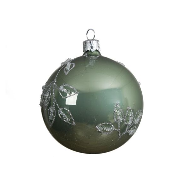 Kerstbal Glas Bew.Takken Salie Groen Dia8Cm