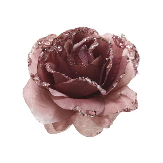 Pes Rose On Clip With Glitter veloursroze Dia14X8.5Cm