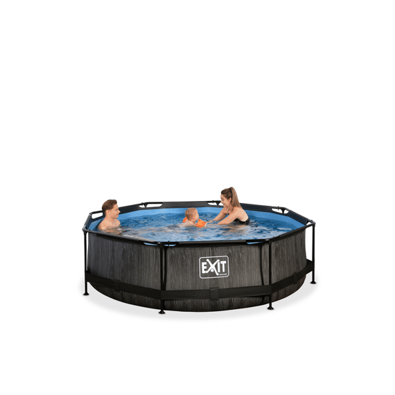 EXIT Zwembad Rond Frame Pool D300X76Cm 12V Filterpomp - Black-Wood