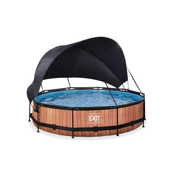 EXIT Zwembad Rond Frame Pool D360X76Cm 12V Filterpomp - Timber Style + Canopy