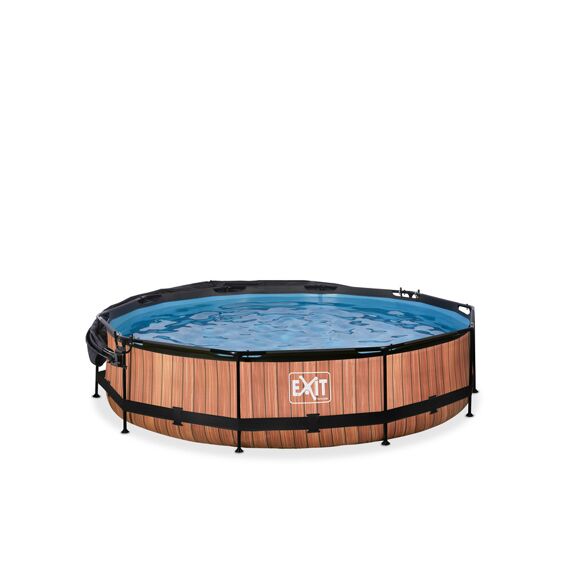 EXIT Zwembad Rond Frame Pool D360X76Cm 12V Filterpomp - Timber Style + Canopy