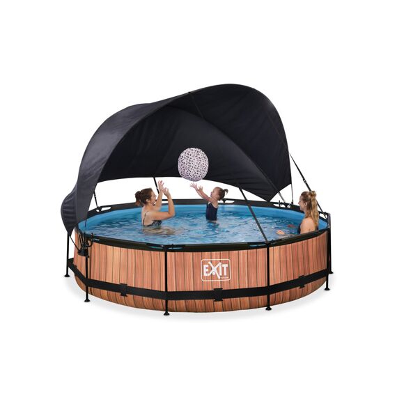 EXIT Zwembad Rond Frame Pool D360X76Cm 12V Filterpomp - Timber Style + Canopy