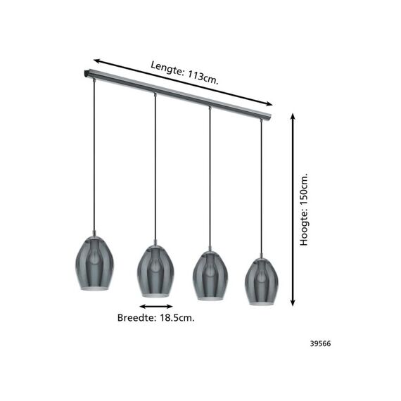 Eglo Estanys Hanglamp In Staal, Nikkel-Nero H1500Xb185Xl1130Mm