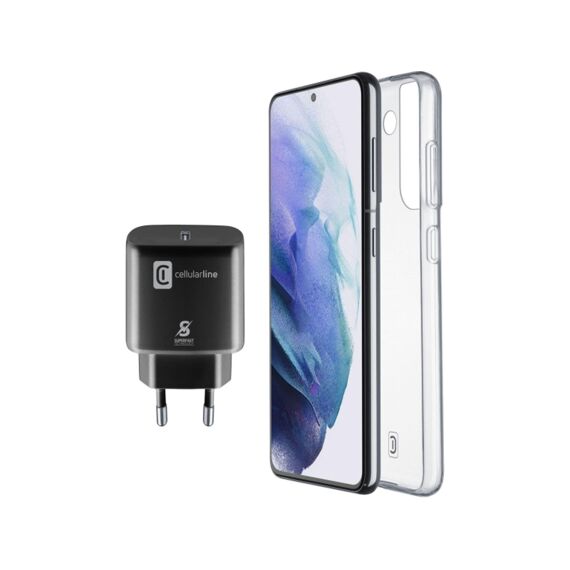 Cellularline Samsung Galaxy S22 Starter Kit Lader 25W Usb-C Zwart & Hoesje Transparant