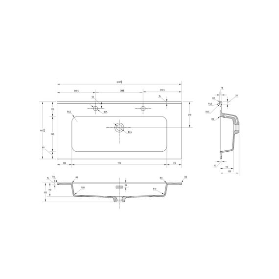 Allibert Shadow Wasftafel 100Cm - Enkele Waskom - 2 Kranen - Zwart Mat