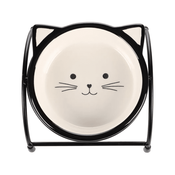 Flamingo Eet-En Drinkpot + Houder Kat Ansu Keram. Zwart-Wit Rond 230Ml12,5X4Cm