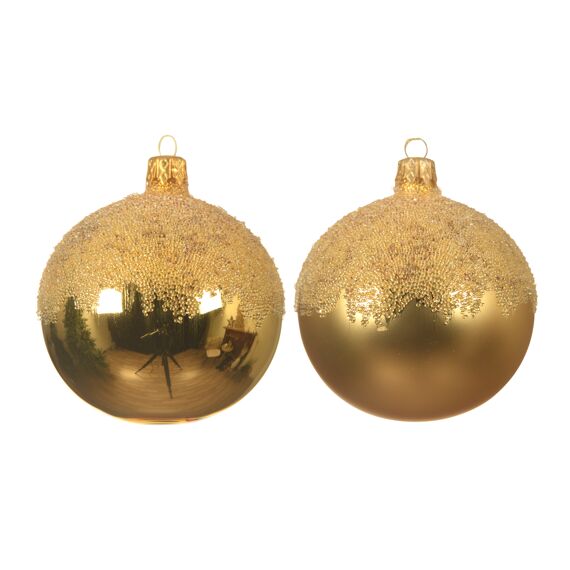 Kaemingk Kerstballen Glas Shiny Matt Glitter Top Dia8.00Cm Licht Goud 2 Assortiment Prijs Per Stuk/Kleur