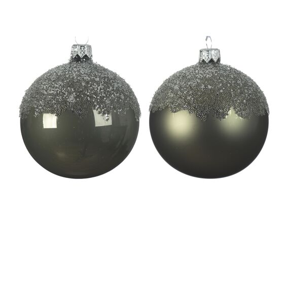 Kaemingk Kerstballen Glas Enamel Matt Glitter Top Dia8.00Cm Mos Groen 2 Assortiment Prijs Per Stuk/Kleur