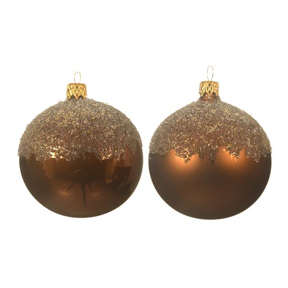 Kaemingk Kerstballen Glas Enamel Matt Glitter Top Dia8.00Cm Kaneel 2 Assortiment Prijs Per Stuk/Kleur