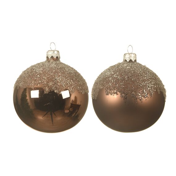 Kaemingk Kerstballen Glas Shiny Matt Glitter Top Dia8.00Cm Walnoot 2 Assortiment Prijs Per Stuk/Kleur