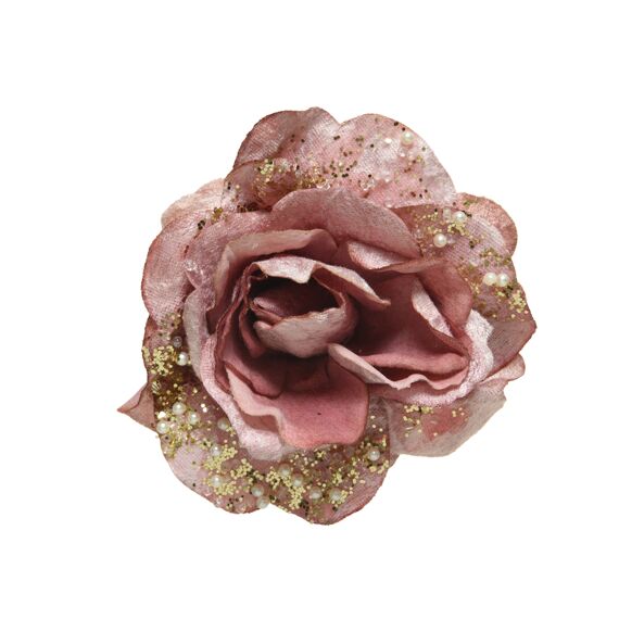 Kaemingk Roos Rose Op Clip Polyester Pearls- Glitters Dia13.00-H6.00Cm Velours Roze