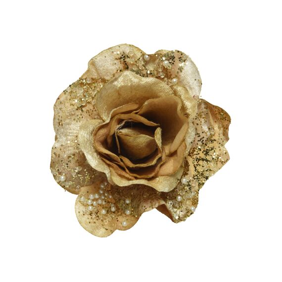 Kaemingk Roos Rose Op Clip Polyester Pearls- Glitters Dia13.00-H6.00Cm Goud