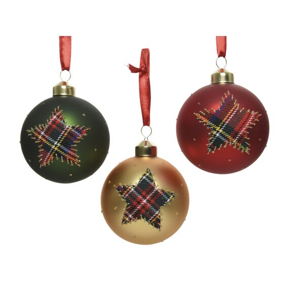 Kaemingk Kerstbal Glas Matt Checkered Star Dia8.00Cm 3 Assortiment Prijs Per Stuk/Kleur