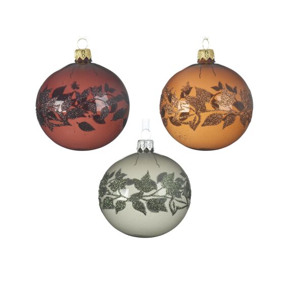 Kaemingk Kerstballen Glas Enamel Branch With Leaves Dia8.00Cm 3 Assortiment Prijs Per Stuk/Kleur