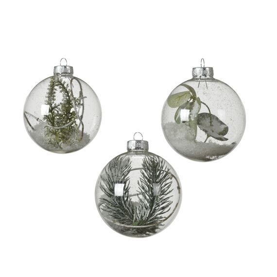 Kaemingk Kerstbal Glas  Branches/Green Snow Dia 8Cm 3 Assortiment Prijs Per Stuk