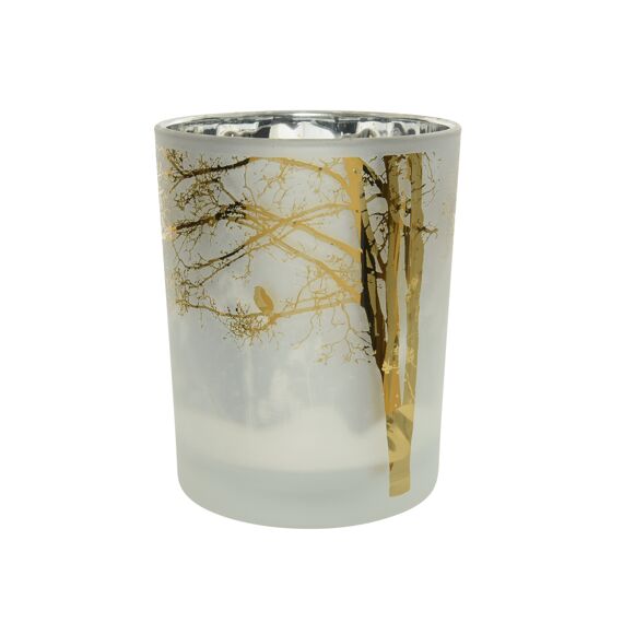 Kaemingk Windlicht Glas Matt Old Bird An Tree Dia 10Cm Winterwit