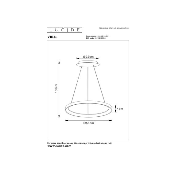 Lucide Vidal Hanglamp Mat Goud 58Dia Led Dimbaar 48W