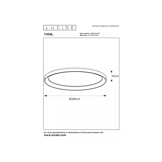 Lucide Vidal Plafonniere Zwart 28Dia Led Dimbaar 20W