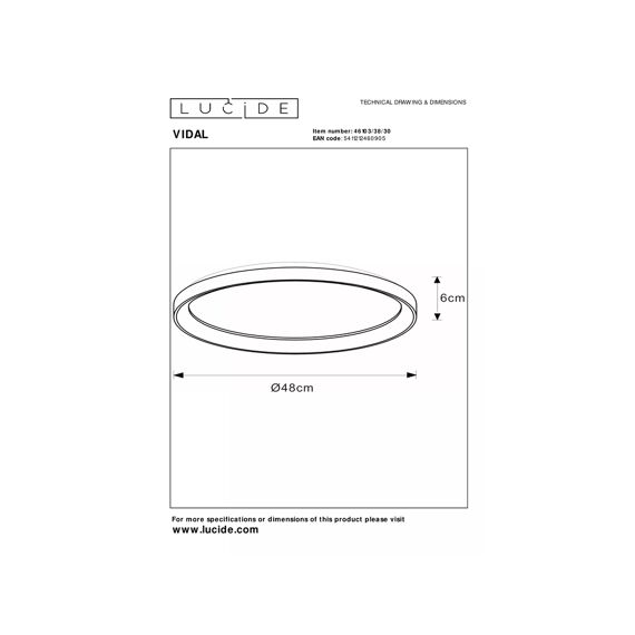 Lucide Vidal Plafonniere Zwart 48Dia Led Dimbaar 38W