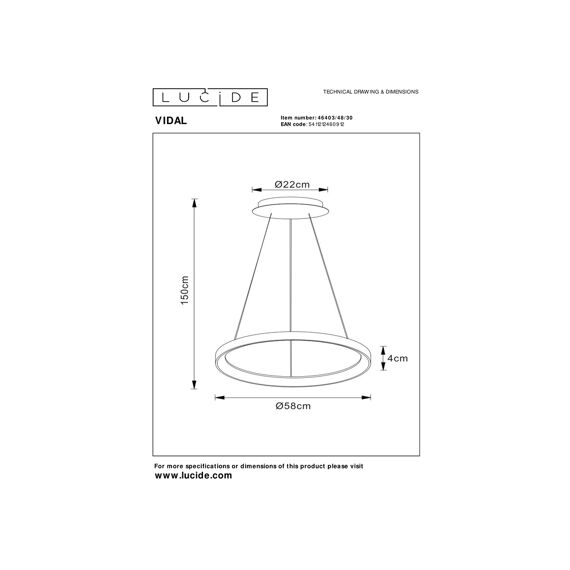 Lucide Vidal Hanglamp Zwart 58Dia Led Dimbaar 48W 2700K