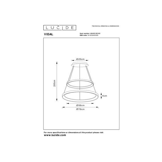 Lucide Vidal Hanglamp Mat Goud 78Dia Led Dimbaar 92W