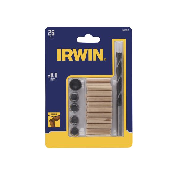 Irwin Deuvelset 27Pcs, 20 Deuvels 8Mm, Houtboor 8Mm, 4 Centreerpunten, 1 Dieptestop