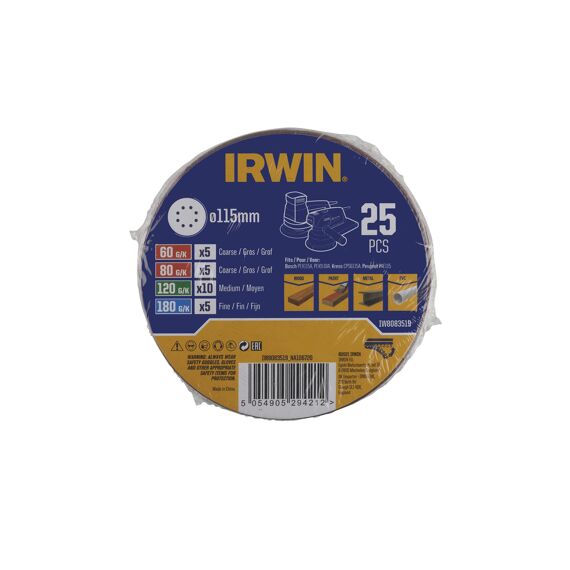 Irwin Set Schuurschijven Excentrisch Diameter 115Mm Met Klittenband, 10X K60, 10X K80 En 5X K120.