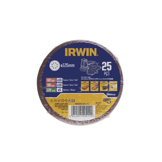 Irwin Set Schuurschijven Excentrisch Diameter 125Mm Met Klittenband, 10X K60, 10X K80 En 5X K120.