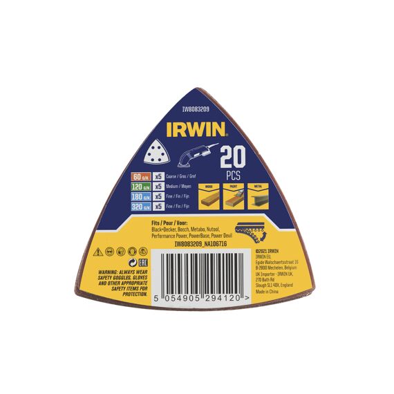 Irwin Set Schuurstoken Delta , Zool 92X92X92Mm, Klittenband, 5X K60, 5X K120, 5X K180 En 5X K320