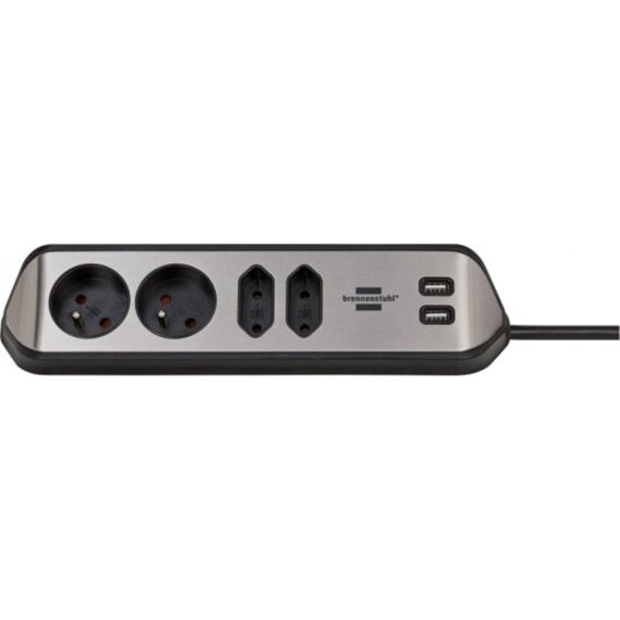 Hoekaansluitdoosstrook Met Usb Laadfunctie 4-Weg 2X Beschermend Contact 2X Euro Zilver/Zwart