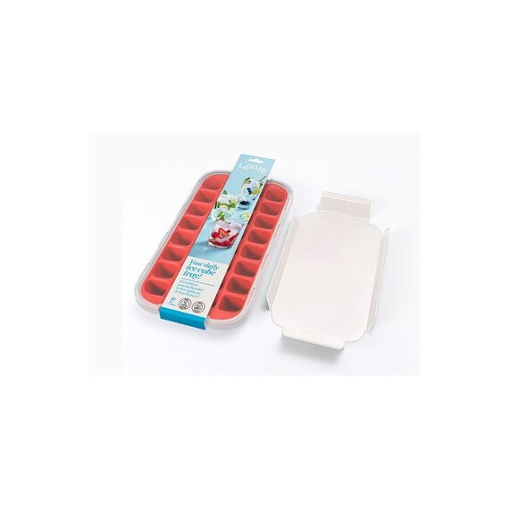 Lékué Ijsblokjesvorm Rubber Voor 32 Ijsblokken Rood Met Deksel 33,5X18X3,3Cm