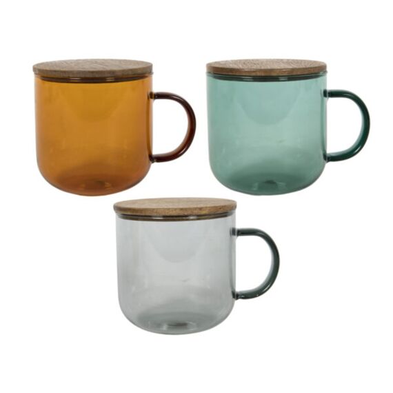 Gekleurde Boros Glas Beker Acacia Deksel/Onderzetter Black - Brown - Petrol 350Ml