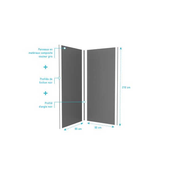 Aurlane Set 2 Wandpanelen Grijs + Hoek- En Afwerkingsprofiel Zwart Mat 90+90Cm