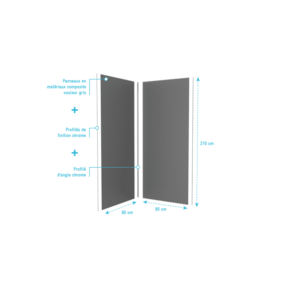 Aurlane Set 2 Wandpanelen Grijs + Hoek- En Afwerkingsprofiel Chroom 90+90Cm
