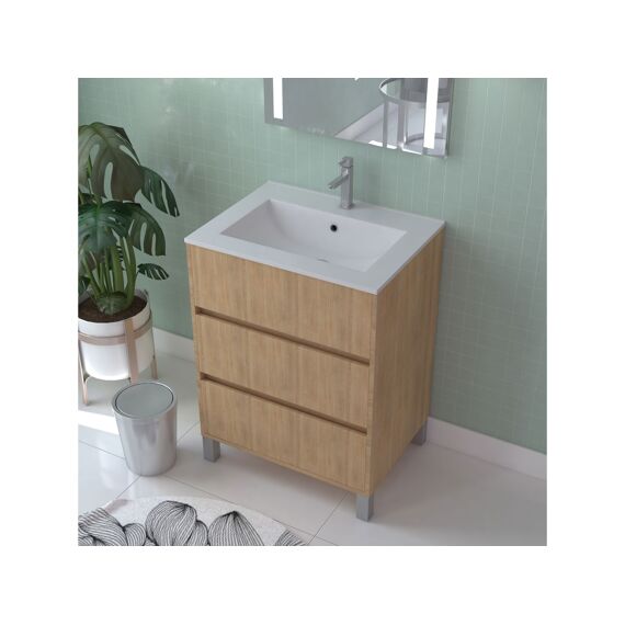 Aurlane Atos Eiken 60Cm Wastafelmeubel 3 Laden Op Voeten