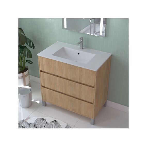Aurlane Atos Eiken 80Cm Wastafelmeubel 3 Laden Op Voeten
