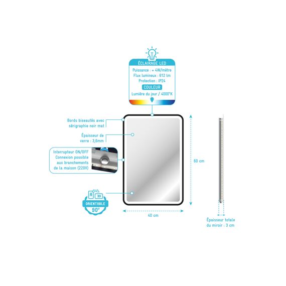 Aurlane Start Spiegel Led Zwart 40X60Cm