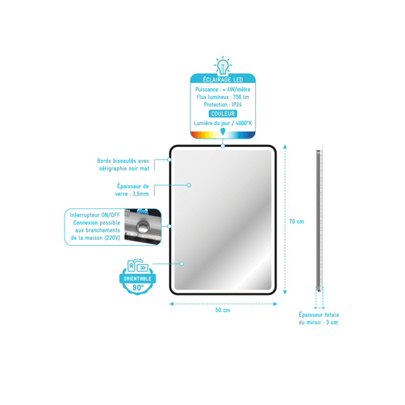 Aurlane Start Spiegel Led Zwart 50X70Cm