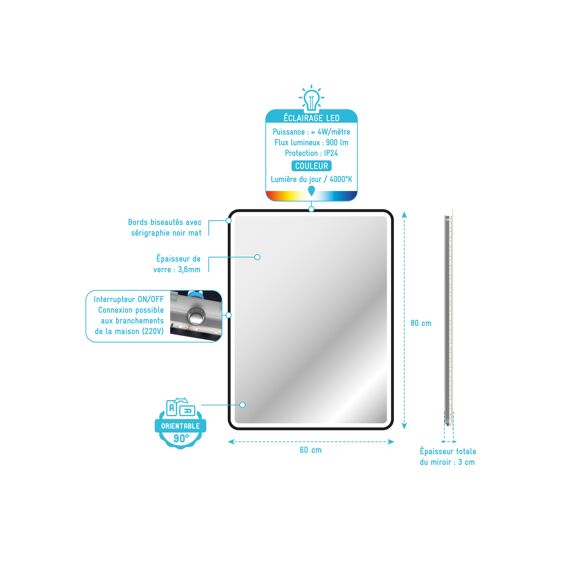 Aurlane Start Spiegel Led Zwart 60X80Cm