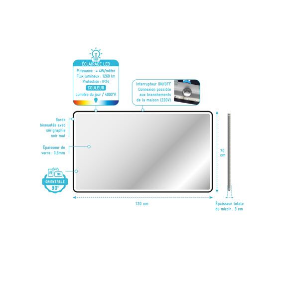 Aurlane Start Spiegel Led Zwart 120X70Cm